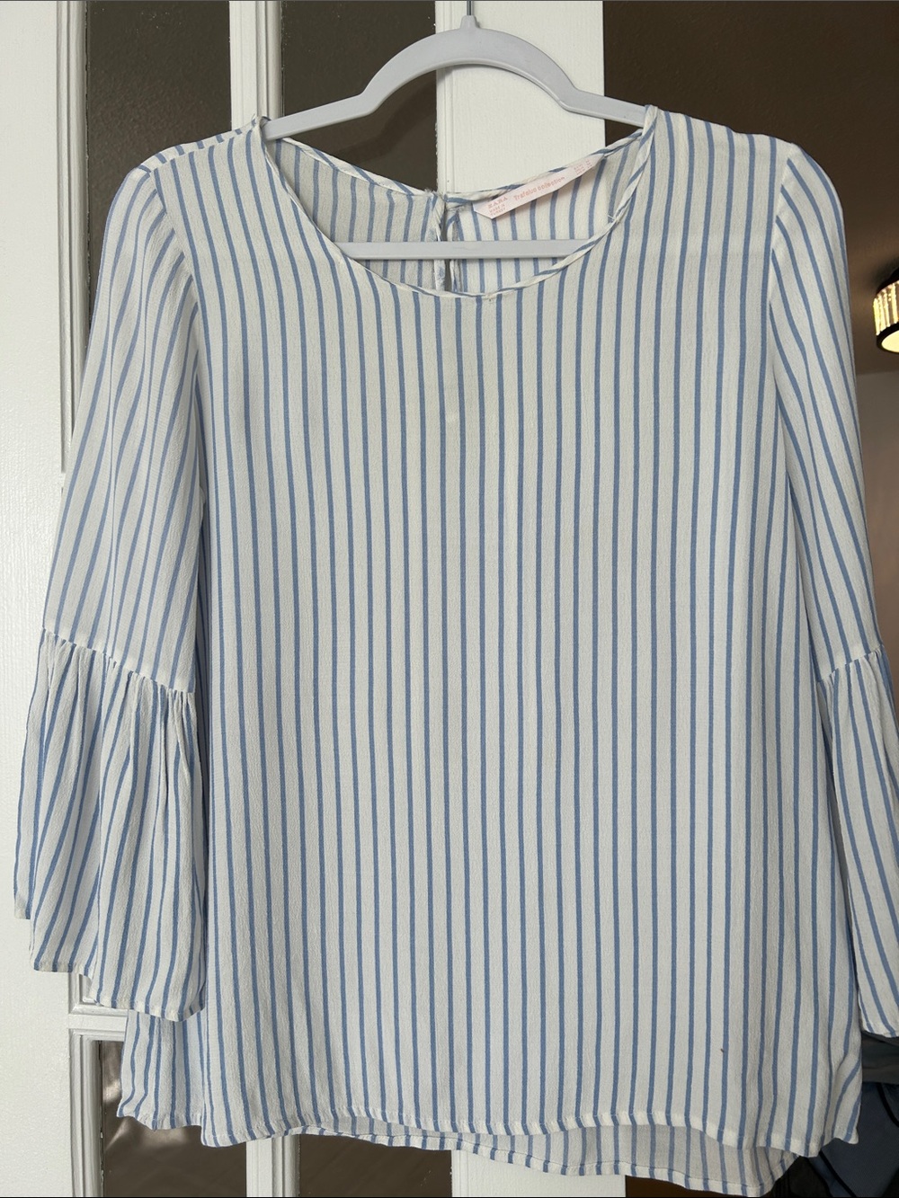 Zara Blue & White Vertical-Stripe Bell-Sleeve Blouse
